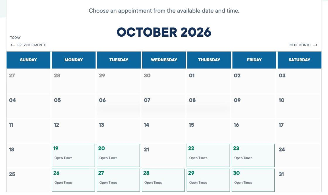 The DMV appointment calendar for the Arleta office in October 2026 showing open times on nine weekdays