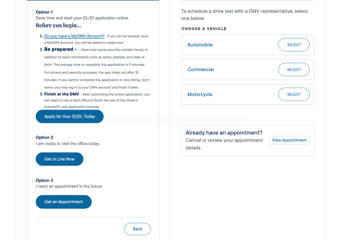 The three options the DMV shows after you choose a service: start the application online, Get in Line Now, and Get an Appointment