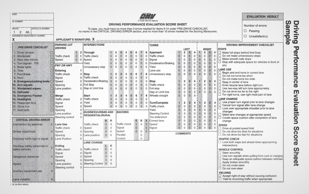 Driving Performance Evaluation Score Sheet